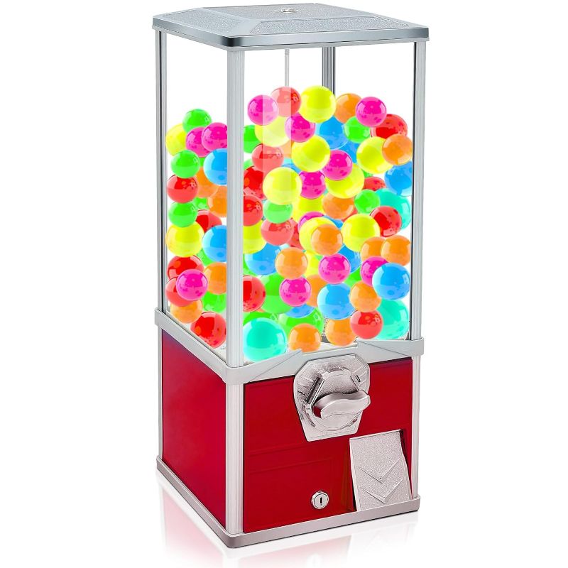 Photo 1 of Vending Machine 25 Inch Huge Commercial Gumball Machine Toy Capsule Vending Machine Dispenser Prize Machine Candy Machine for 2 Inch Round Capsules Gumballs Bouncy Balls (Red)
