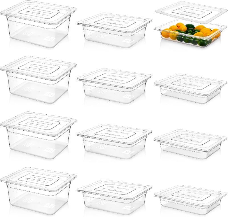 Photo 1 of 12 Pcs Clear Food Pans with Lids Stackable Plastic Pan Salad Bar Containers Commercial Food Storage Transparent Hotel Pans for Vegetables Fruits Beans Corns 2.5'' 4'' 6'' Deep(1/2 Size)
