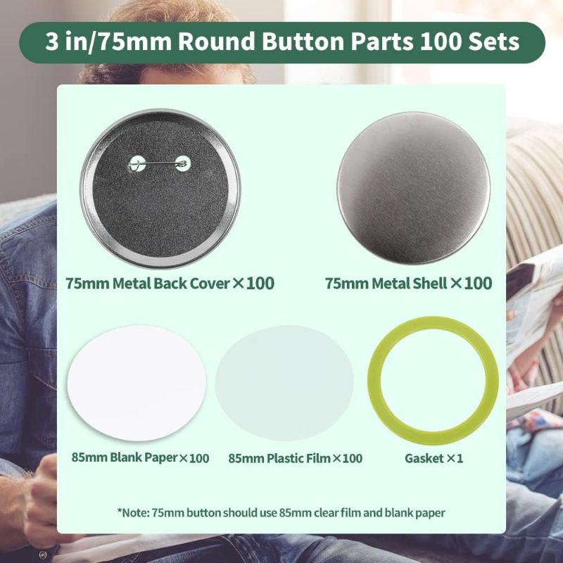Photo 1 of 3 inch/75mm Button Maker Supplies 100 Sets, 3 inch Button Parts Button Supplies, Round Blank Button Badge Parts, Includes Metal Button Pin Back Cover, Metal Shells, Blank Paper&Clear Film
