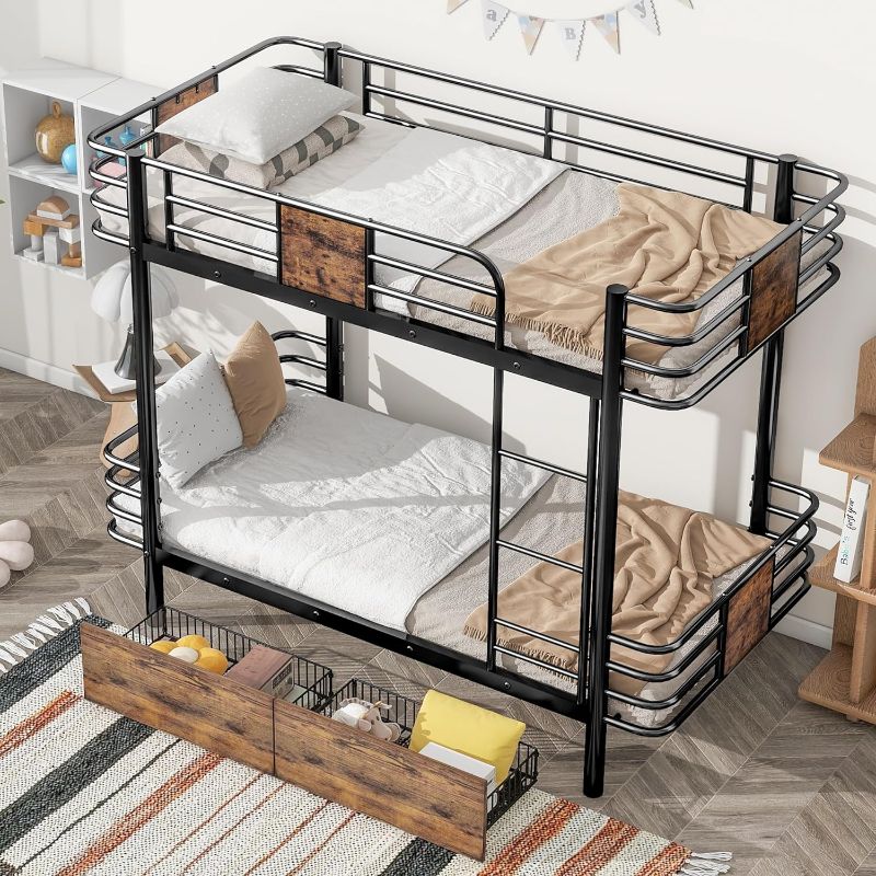 Photo 1 of Twin XL Over Twin XL Metal Bunk Bed with MDF Board Guardrail and Two Storage Drawers,Black