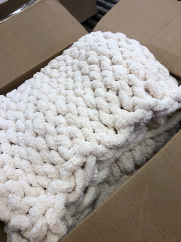 Photo 2 of Adyrescia Chunky Knit Blanket Throw | 100% Hand Knit with Jumbo Chenille Yarn (60"x80", Cream White)