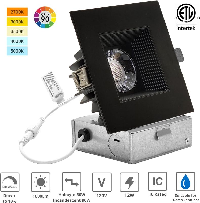 Photo 1 of YUURTA 4-Inch 12W Deep Anti Glare Baffle Square Black Recessed Ceiling LED Downlight (Pot Light) Color Selectable 2700K-5000K CRI90+ Dimmable 900lm 120V ETL Listed IC Rated (SB, 5CCT, 