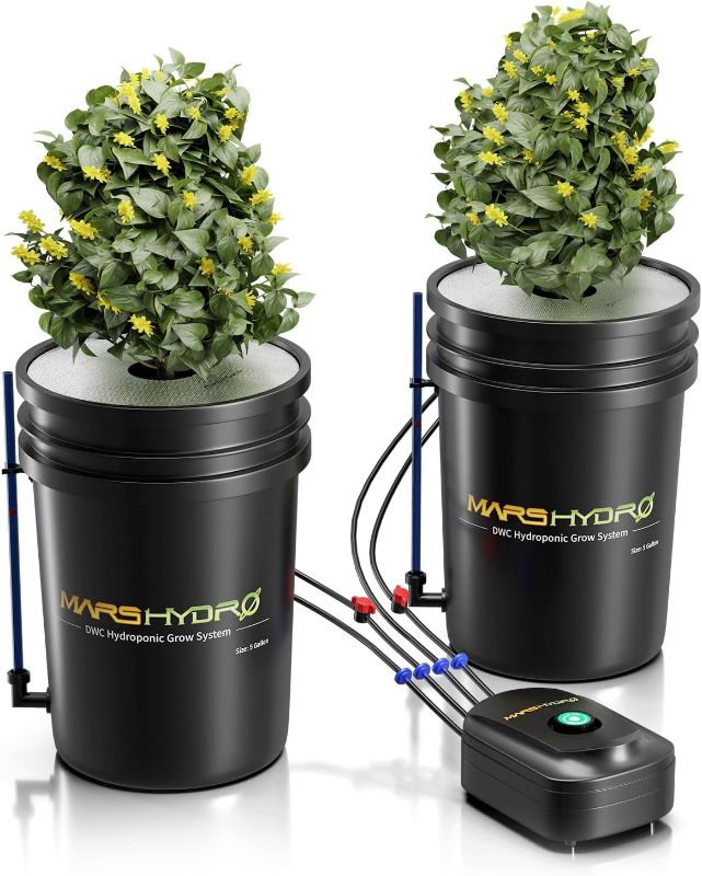Photo 1 of Mars Hydro DWC Hydroponics Grow System 5 Gallon Deep Water Culture with 8W Air Pump, Multi-Purpose Air Hose, Air Stone, 2 Buckets and Top Drip Kit

