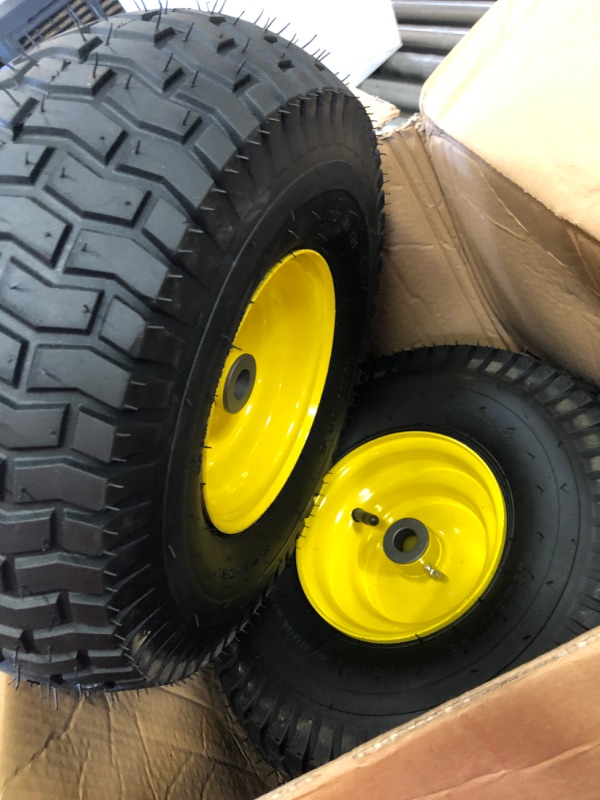 Photo 2 of (2 Pack) 15 x 6.00-6 Tire and Wheel - Replacement 4Ply Lawnmower Tires with Rim Assemblies, with 3" Offset Hub and 3/4" Bushings - Compatible with John Deere Riding Mower, Lawn Tractor (Yellow)