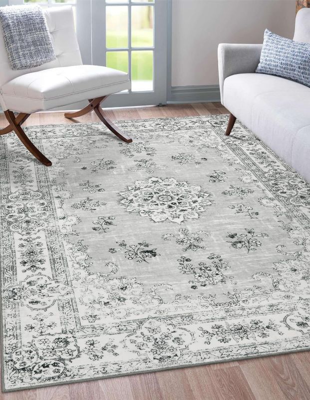 Photo 1 of Lahome Washable Living Room Area Rug 8x10, Soft Grey Floral Large Non-Slip Mats for Bedroom with Rubber Backing, Boho Ultra-Thin Low Pile Carpet for Indoor Floor Home Office Decor