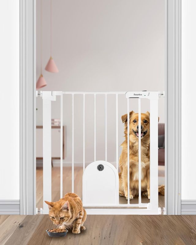 Photo 1 of 26.7-29.5'' Narrow Baby Gate with Cat Door, Auto Close & Easy Walk Thru Dog Pet Gates for Stairs, Doorway, House, Pressure Mounted Safety Child Gate Includes 4 Wall Cups, NO Extensions, White