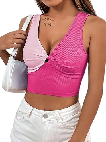 Photo 1 of LovelyWholesale Women's Sexy Sleeveless Ribbed Halter Crop Top V Neck Blackless Tank Top
