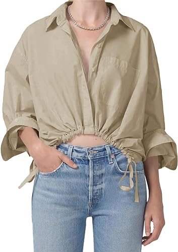Photo 1 of Cicy Bell Women's Button Down Shirt Long Sleeve Drawstring Tie Hem Casual Loose Blouse Top
LAREG 