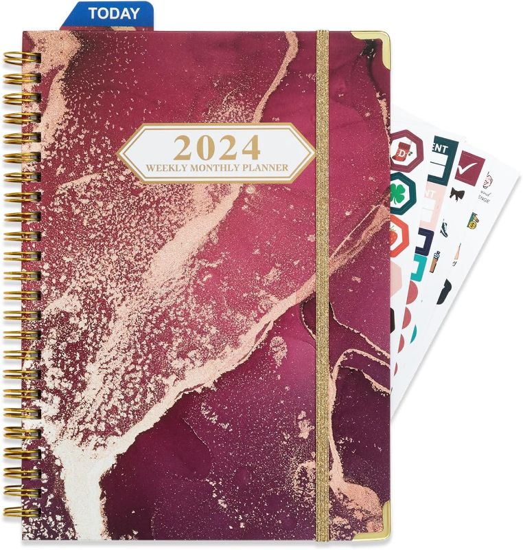 Photo 1 of 2024 Planner Weekly&Monthly Calendar Book Monthly Weekly Daily Planner To Do List Spiral Planner Notebook Includes Elastic Closure Monthly Tabs Inner Pocket Bookmark Stickers
