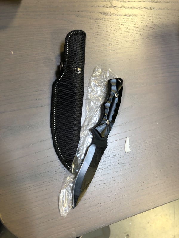 Photo 1 of Wlikn Full Tang Fixed Blade Knife with Sheath, Strong Single Edge Blade Survival Bowie Knife with Non-Slip Handle, for Camping, Hunting, and EDC, Multi Black