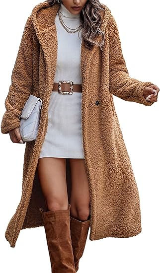 Photo 1 of PRETTYGARDEN Women's 2023 Winter Coats Fuzzy Fleece Long Hooded Jackets Button Down Faux Fur Warm Outwear with Pockets Golden Camel Medium