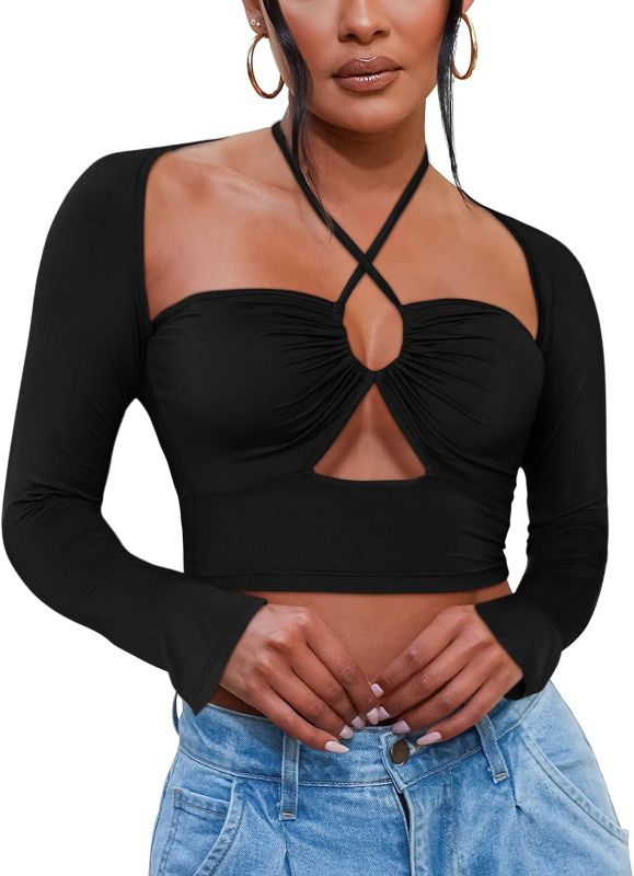 Photo 1 of FENSACE Women's Sexy Halter Tops Tie Up Long Sleeve Crop Top Cut Out T Shirt
SIZE XL 