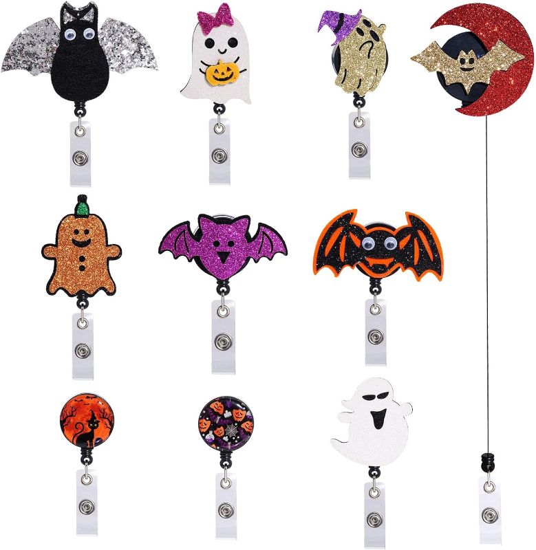 Photo 1 of 10Pcs Holiday Badge Reel Badge Holder Retractable Clip Cute Ghost Bat Pumpkin Lanyard Badge Holder Accessories for ID Name Card Nurse Teacher
