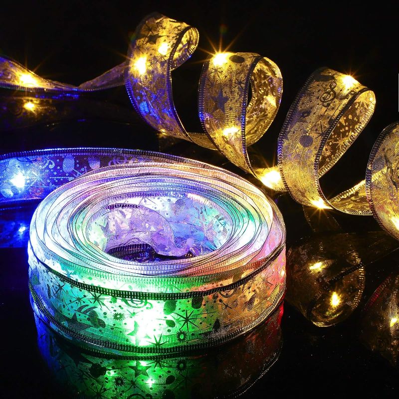 Photo 1 of 2 Pieces Christmas Lights Ribbon Christmas Sheer Ribbon with Inside String Light Holiday Ribbon Bow Sheer Wrapping Ribbon Roll for Christmas Decoration, 13.12 Ft Each Roll (Colorful Light, Warm Light)
