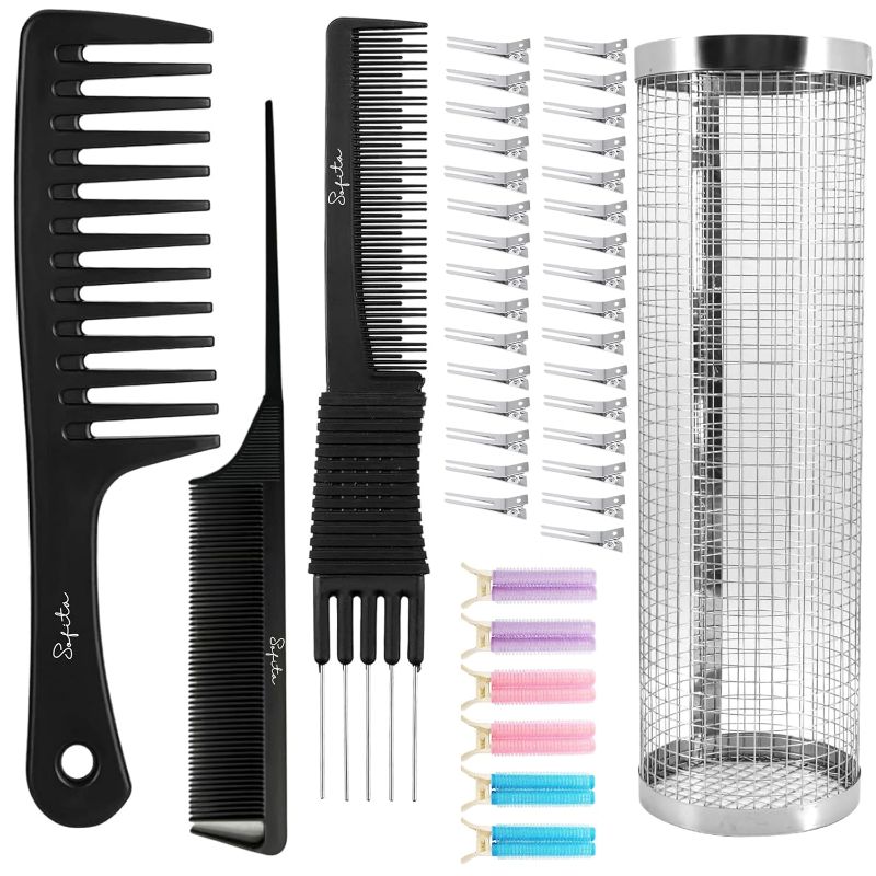 Photo 1 of 40PCS Hair Comb Set All Hair Types Wide Tooth Comb Carbon Lift Teasing Comb with Metal Prong Rat Tail Comb Velcro Hair Volumizing Clips Metal Clips Combs for Parting Teasing Styling Detangling
