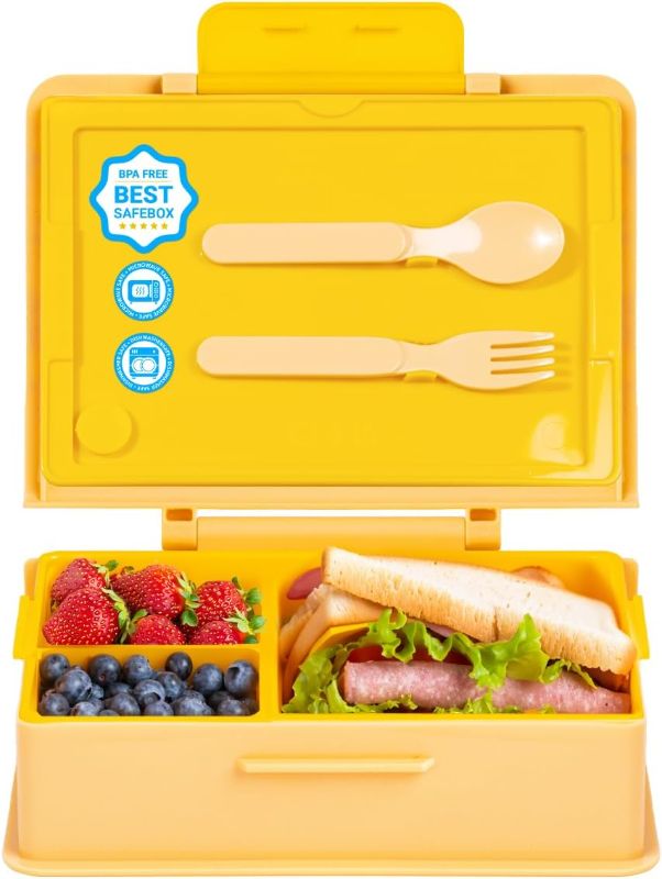 Photo 1 of Kids Lunch Box, 3 Compartments, Snack Bento for School Meals, Food Container with Spoon & Fork, Sauce Container, Collapsible Cup, & Stickers, BPA-Free, Microwave & Dishwasher Safe Wrap
