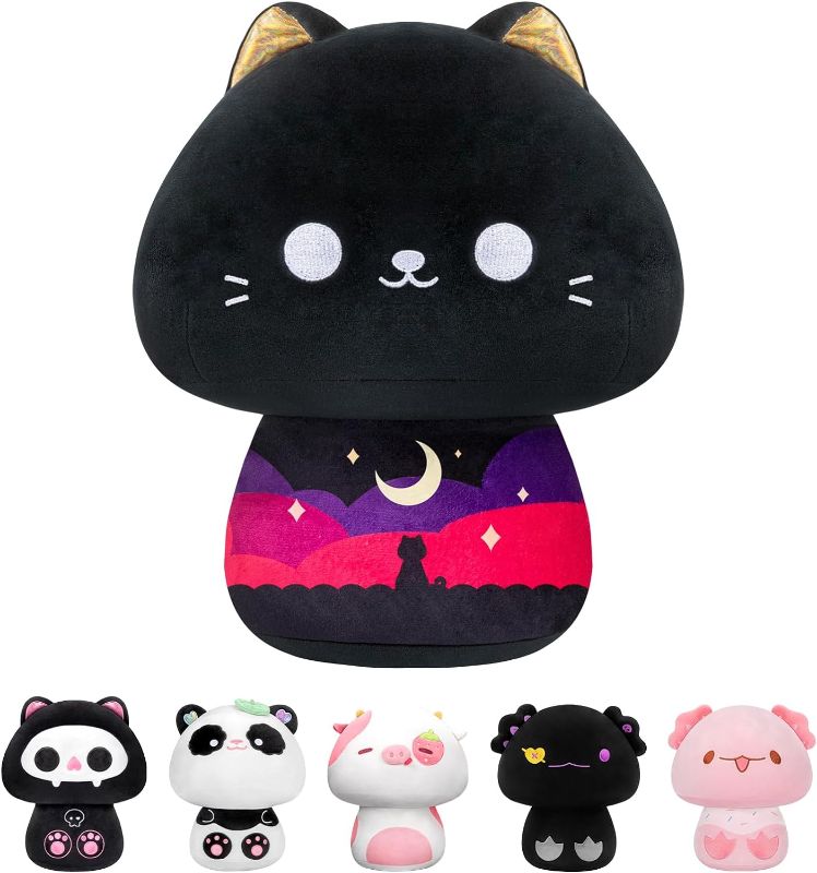 Photo 1 of 14 Inch Mushroom Plush, Kawaii Black Cat Plush Pillow Soft Plushies Squishy Pillow, Starry Cat Stuffed Animals Cute Plush Toys Decoration Gift for Girls Boys
