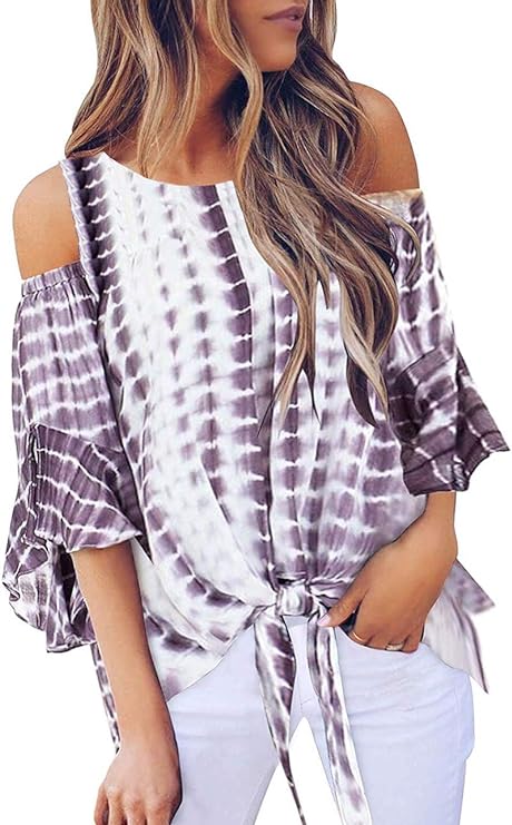 Photo 1 of Chuanqi Womens Cold Shoulder Blouse Bell Sleeve Tie Knot Casual Summer Shirt Tops
