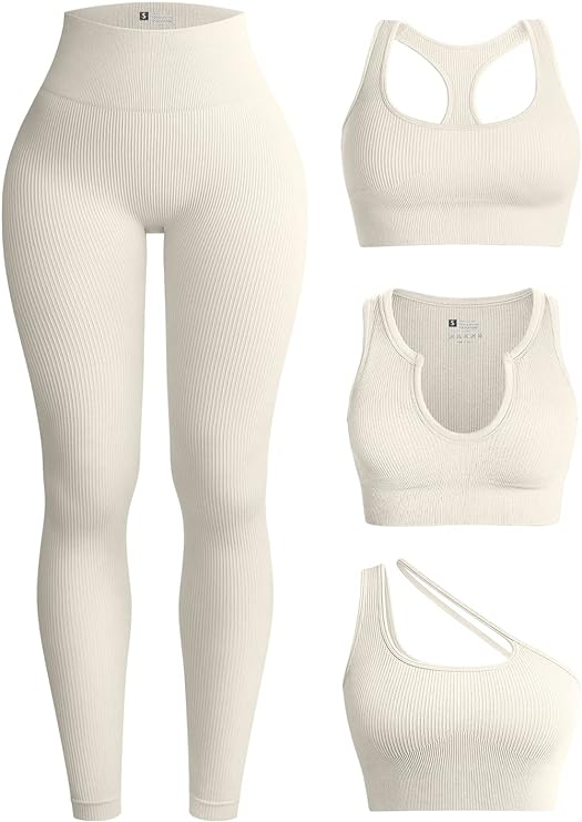 Photo 1 of OQQ Womens 4 Piece Workout Outfits Ribbed Yoga High Waist Leggings with 3 Piece Crop Tops with Sports Bra Exercise Set
MEDIUM 