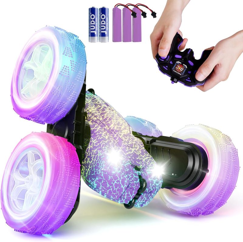 Photo 1 of 28? Remote Control Car Stunt RC Cars, 4WD Rechargeable RC Truck with Headlights Wheel Lights, Double Sided 360 Flips Stunt Toy Car for Kids Boys Girls 6 Year Old Christmas Birthday Gift (Purple)

