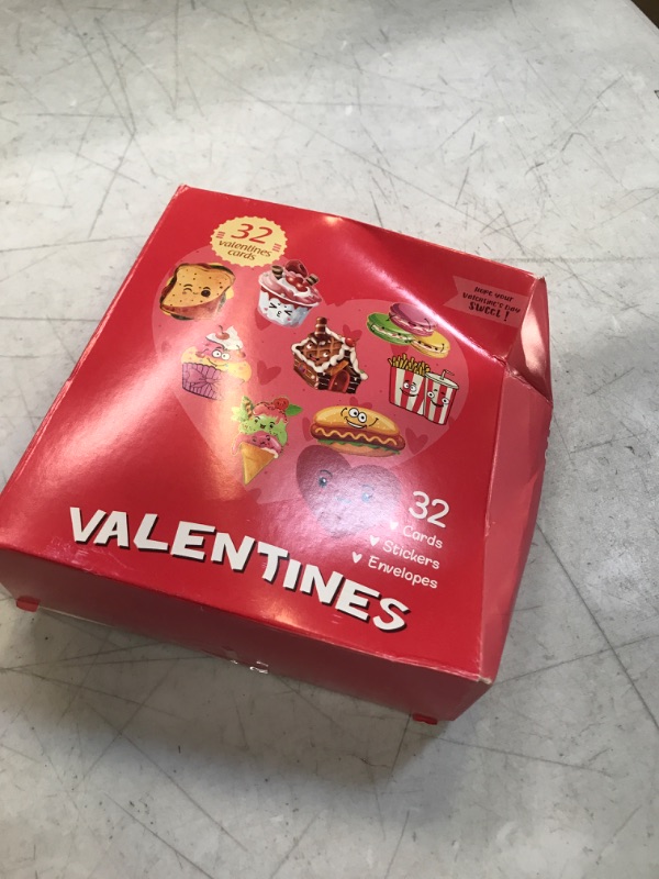 Photo 2 of 96Pcs Valentines Day Cards Set for Kids Classroom Exchange Includes 32 Pink Envelopes and 32 Stickers, Cards Feature Snack-Themed Graphics of French Fries, Hot Dogs, Ice Cream, Macaroons