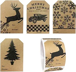 Photo 1 of 2pack  Natural Kraft Gift Tags Holiday Present Stickers 4 Different Designs 2 x 3 Inch 100 Total Labels