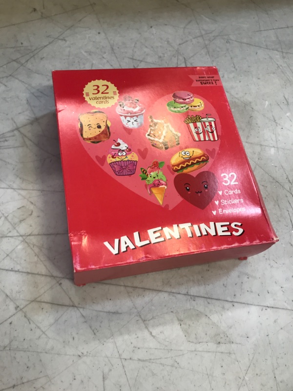 Photo 2 of 96Pcs Valentines Day Cards Set for Kids Classroom Exchange Includes 32 Pink Envelopes and 32 Stickers, Cards Feature Snack-Themed Graphics of French Fries, Hot Dogs, Ice Cream, Macaroons