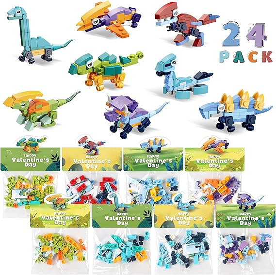 Photo 1 of 24 Pack Prefilled Dinosaur Valentines Building Blocks Set for Kids, Classroom & School Exchange Gifts with Valentine's Day Cards, Ideal Party Toy for Boys & Girls
