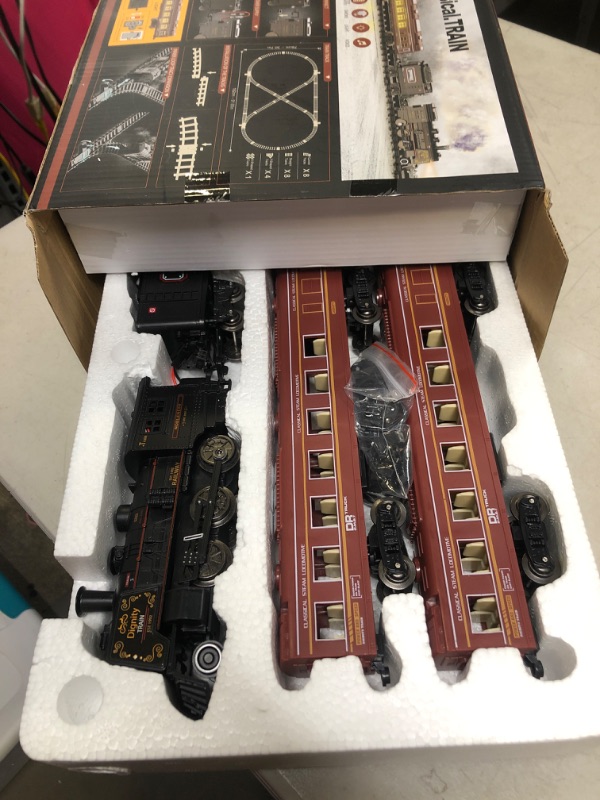 Photo 2 of Hot Bee Train Set, Christmas Train w/Luxury Tracks, Metal Train Toys - Glowing Passenger Cars, Electric Trains w/Smoke, Sounds & Lights, Christmas Tree Train Gifts for 3 4 5 6 7+ Years Old Boys Upgrade Track Style