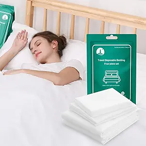 Photo 1 of 4 PCS Disposable Bed Sheets Travel Sheets for Hotel, Disposable Sheets for Bed Travel Bedding Cover Portable Sheet with 1 Quilt Cover, 1 Sheet and 2 Pillowcase for Travel Business Trip Spa Hotel
