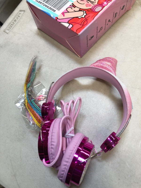 Photo 2 of  Kids Unicorns Headphones with Mic for Travel/Car/Plane,Added 85DB Limit Function&Shareport,Unicorns Gifts for Girls,On/Over Ear HD Stereo Wired Headsets with Nylon Cable-Hot Pink Rose2