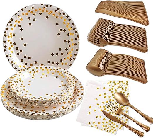 Photo 1 of 180 Pcs White and Gold Party Supplies Disposable Dinnerware Set Serve 30 Gold Polka Dots Paper Plates Napkins Plastic Forks Knives Spoons for Birthday Wedding Graduation Cocktail
