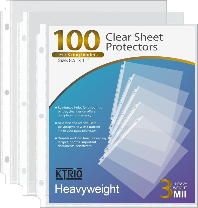 Photo 1 of KTRIO Heavyweight Sheet Protectors 8.5 x 11 inch, 3 Mil Clear Page Protectors for 3 Ring Binder, Plastic Sleeves for Binders, Top Loading Paper Protector Letter Size, 100 Pack
