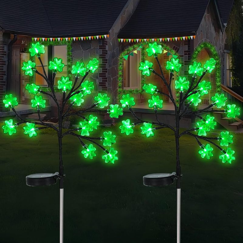 Photo 1 of 2 Pack St Patricks Day Decorations Outdoor Solar Shamrock Stake Lights,Solar Shamrocks Green Lights for Pathway Garden Yard
