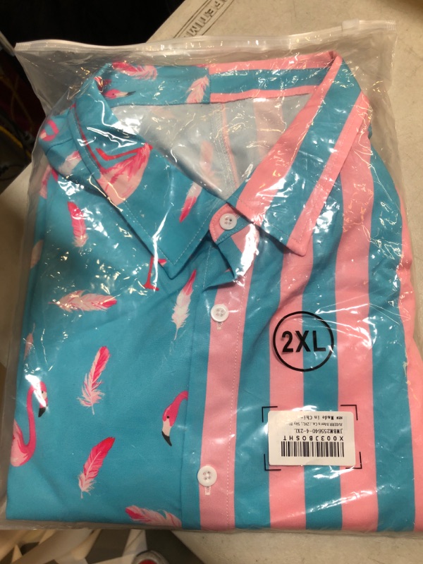 Photo 1 of mens casual short sleeve button up shirt - blue/flamingo pink 
size - 2xl 
