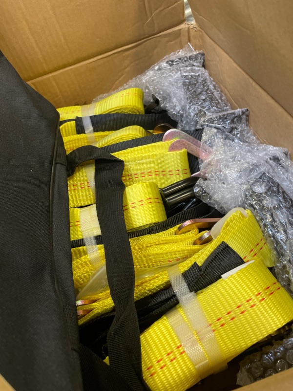 Photo 1 of Trekassy Car Tie Down Straps for Trailers with Stake Pocket D Ring, 2" x 96" Ratchet Car Straps with J Hooks, 3,333lbs Safe Working Load, Includes 4 Pack 36 Inch Axle Straps