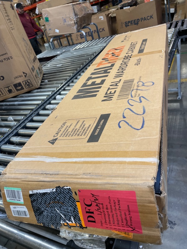 Photo 1 of METALTIGER Metal Storage Cabinet Wardrobe - Metal Storage Locker with Locking Doors, Adjustable Shelf Position, Removable Hanging Rods, Mirror & Accessories (Dark Wood Grain) Dark Wood Grain Key Lock