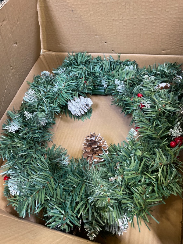 Photo 2 of 20" Pre-Lit Christmas Wreath, Battery Operated with 30 LED Lights Artificial Holiday Wreath, Metal Ring Base, Pine Cones, Red Berries, Snowy Pine Needles (Snowy)