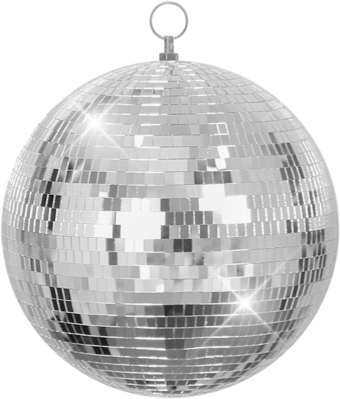 Photo 1 of  Large Disco Ball Silver Hanging Disco Balls Reflective Mirror Ball Ornament for Party Holiday Wedding Dance and Music Festivals Decor Club Stage Props DJ Decoration (12 Inch, 3 Inch)