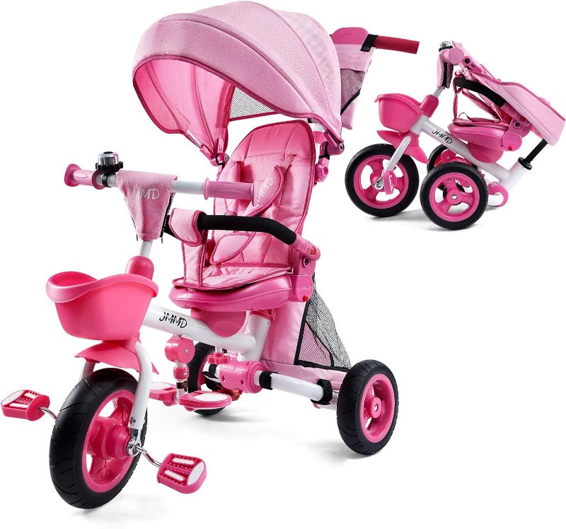 Photo 1 of Baby Tricycle, 7-in-1 Folding Kids Trike with Adjustable Parent Handle, Safety Harness & Wheel Brakes, Removable Canopy, Storage, Stroller Bike Gift for Toddlers 18 Months - 5 Years(Pink)
