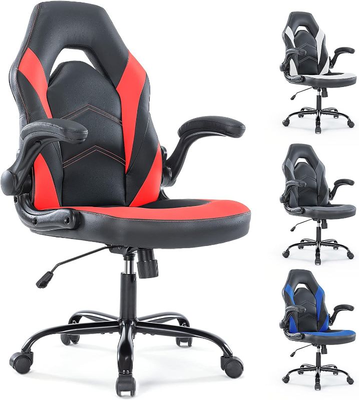 Photo 1 of Computer Gaming Chair,Ergonomic Office PC Desk Chair, High Back PU Leather Executive Chair with Lumbar Support and Flip-up Armrests, Height Adjustable Swivel Rolling Chair,Red
