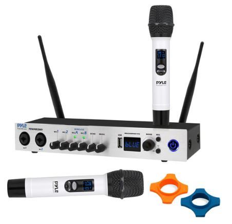 Photo 1 of Pyle UHF Wireless Microphone System - Portable Digital Audio Sound Mixer Receiver w/Bluetooth, 2 Handheld Mic, Receiver Base, Addressable Frequency, Great for Home Karaoke & Professional Use, White