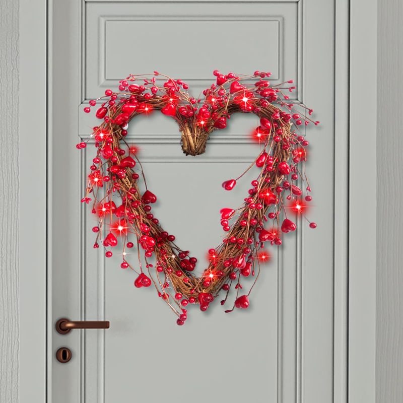 Photo 1 of 18 Inch Valentine's Day Wreath with 30 Lights Heart Shaped Berry Wreath Front Door Decoration Rustic Twig Battery Operated Valentine Decor for Wedding Party Anniversary (Bright Heart Style)
