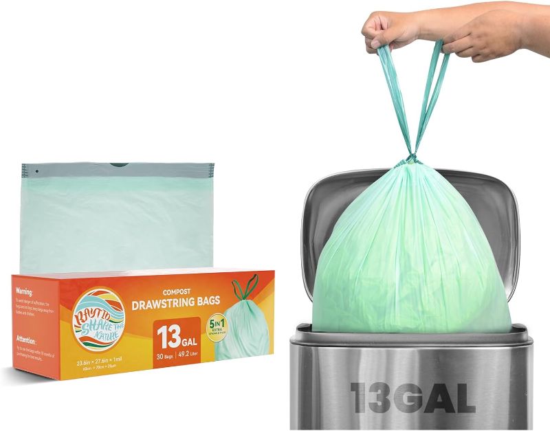 Photo 1 of 13 + Gallon Compostable Trash Bags with Drawstring, Heavy Duty Extra Thick 1.1 Mil, 49.21 Liter, Tall Kitchen Food Scrap Waste Bag, ASTM D6400, US BPI and OK Compost Home Certified,30 Count
