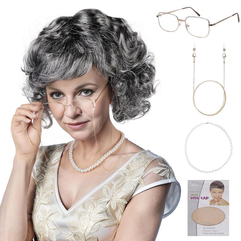 Photo 1 of Old Lady Wig Costume for Women 100 Days of School Costume for Kids Girls Grandma Granny Costume Wig for Halloween Cosplay
