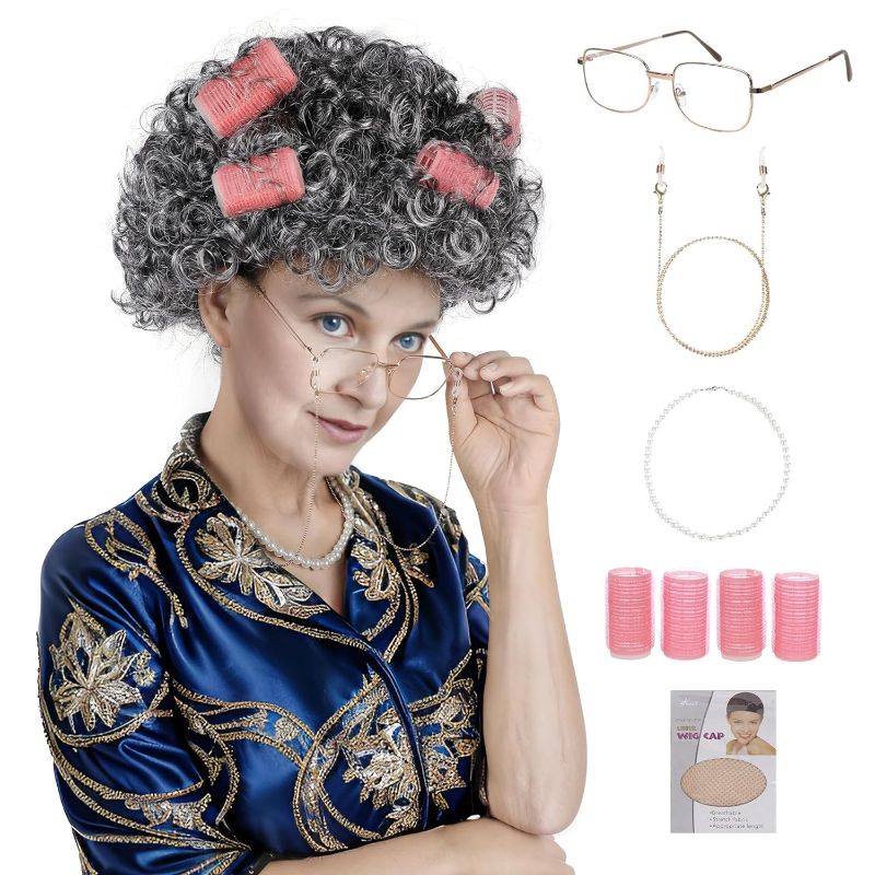 Photo 1 of Old Lady Wig Costume for Women 100 Days of School Costume for Kids Girls Grandma Granny Costume Wig With Bangs For Halloween Cosplay
