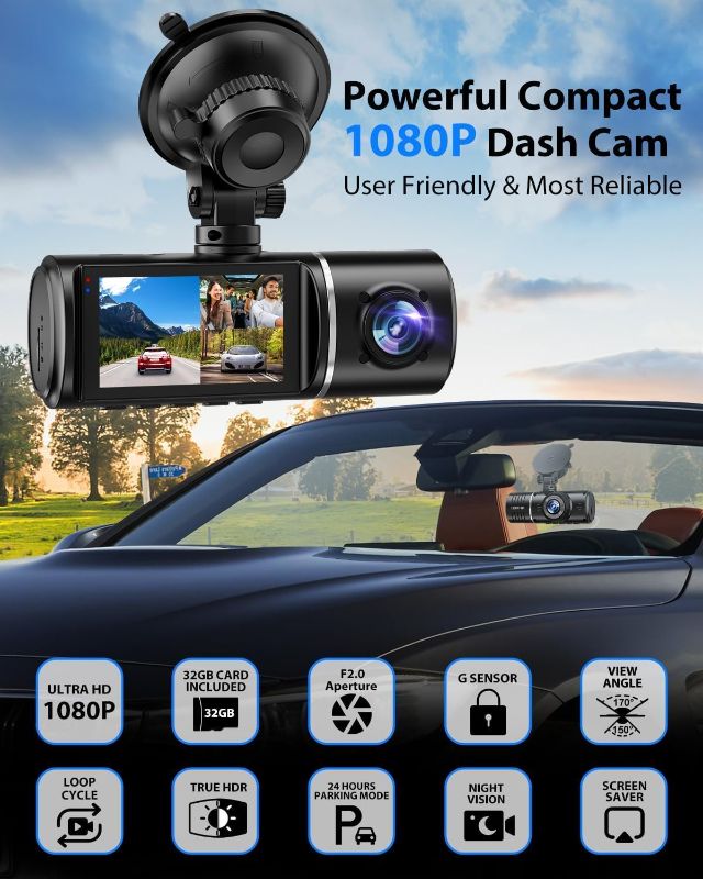 Photo 1 of Dash Cam, 3 Channel Dash Cam, 1080P Dash Cam Front and Inside, Triple Dash Cam, Dash Camera with 32GB Card, HDR, G-Sensor, 24Hr Parking, Loop Recording
