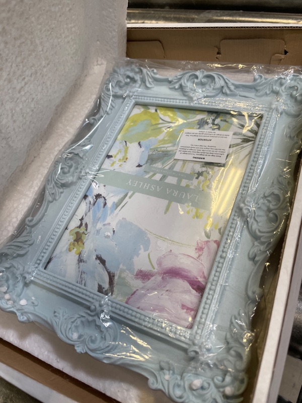 Photo 2 of Laura Ashley 5x7 Powder Blue Ornate Textured Hand-Crafted Resin Picture Frame w/Easel & Hook for Tabletop & Wall Display, Decorative Floral Design Home Décor, Photo Gallery, Art (5x7, Powder Blue)