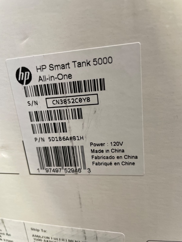 Photo 5 of HP Smart Tank 5000 Wireless All-in-One Ink Tank Printer with up to 2 years of ink included, mobile print, scan, copy, white, 17.11 x 14.23 x 6.19