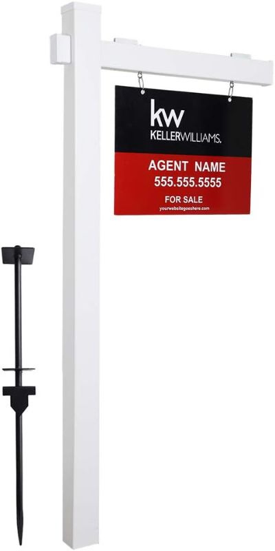 Photo 1 of kdgarden Vinyl PVC Real Estate Sign Post 6ft. Tall (4"x 4"x 72") Realtor Yard Sign Post for Open House and Home for Sale, 36" Arm Holds Up to 24" Sign, White with Flat Cap(No Sign) 72" X 36" WHITE